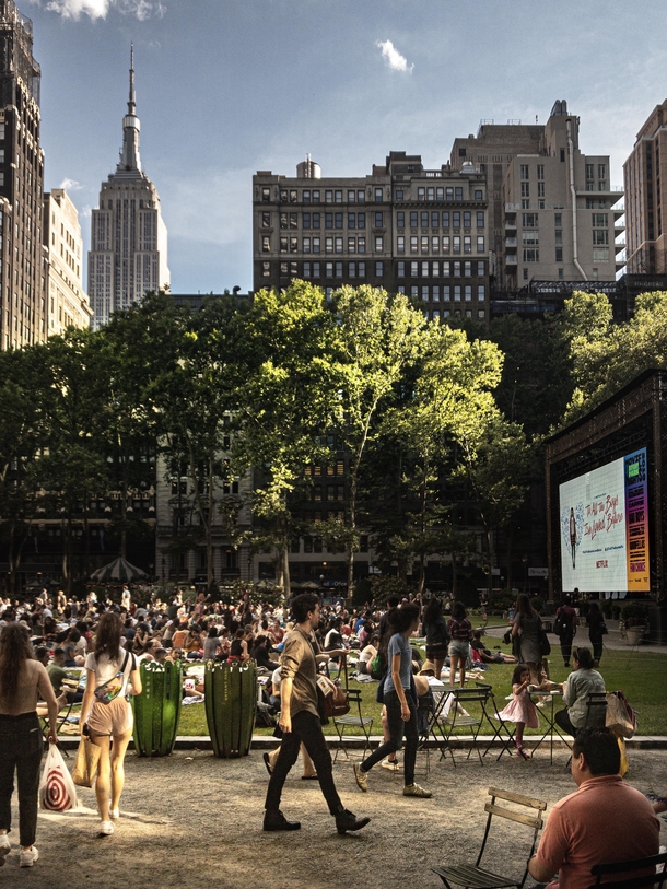 People getting ready for movie night in Bryant park