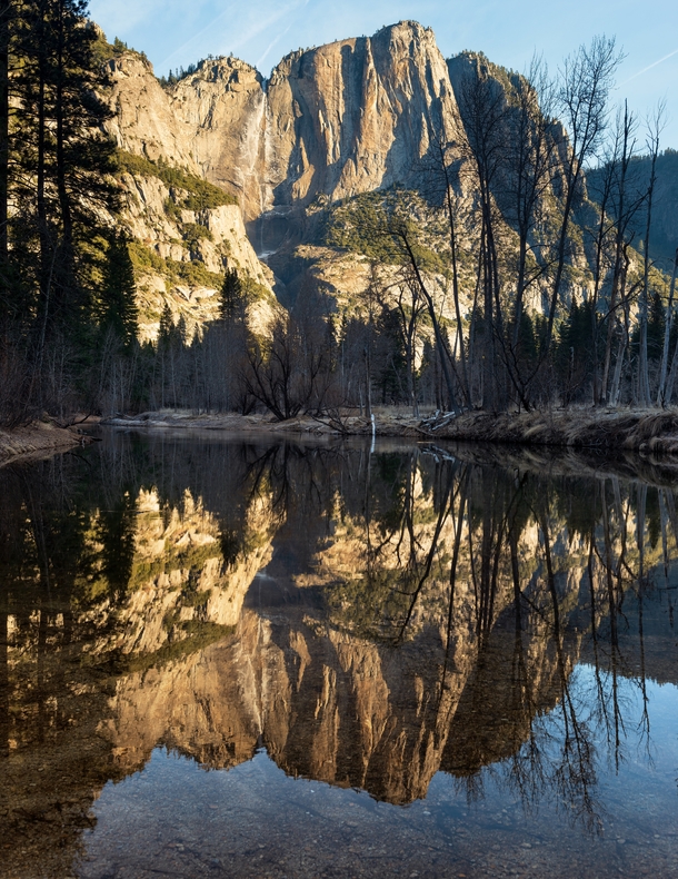 Perfect stillness on the Merced River is a rare sight but the dried-out Yosemite Falls was quite a shock Yosemite Valley
