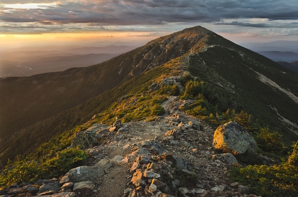 Probably the best photo Ive ever taken Franconia Ridge White Mountains New Hampshire at sunset After this was taken I camped right there sheltered by a boulder from the wind    OC