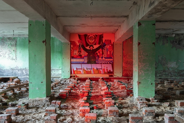 Propaganda mural in a an abandoned Soviet-era military base in the Chernobyl Exclusion Zone 