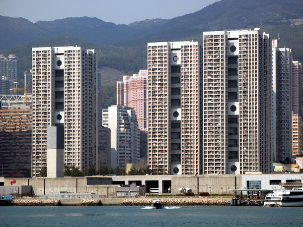 Railway station public housing and ferry pier Tsuen Wan Hong Kong 