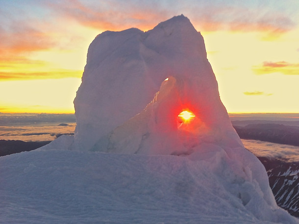Rainer Sunrise through ice  ft on Emmons Glacier 