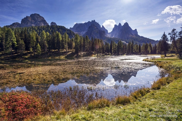 Reflections in Lake Misurina in the Dolomite Mountains in northern Italy 