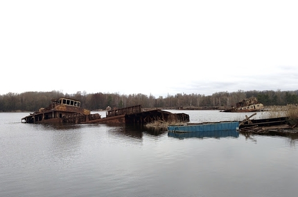 Rotting boat in Pripyat River Chernobyl Ukraine