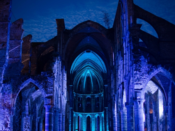 Ruins of Villers Abbey Belgium lit up for a music festival 