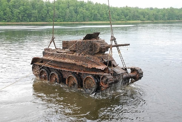 Russian WWII BT Tank Being Pulled From a Lake in St Petersburg Russia 