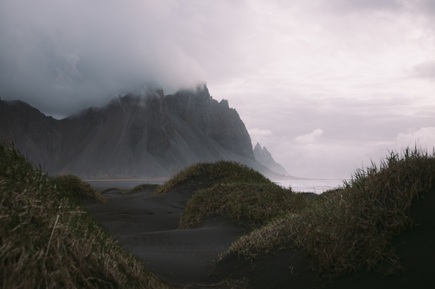 Sand dunes and Fog on the mountains in Hofn Iceland OP x
