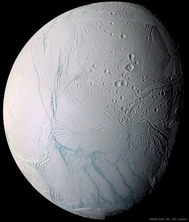 Saturns moon Enceladus with Fresh Tiger Stripes