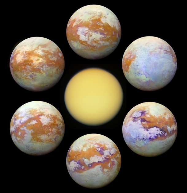 Saturns moon Titan as it would appear in visible light centre and infrared light images acquired over multiple flybys by the Cassini mission