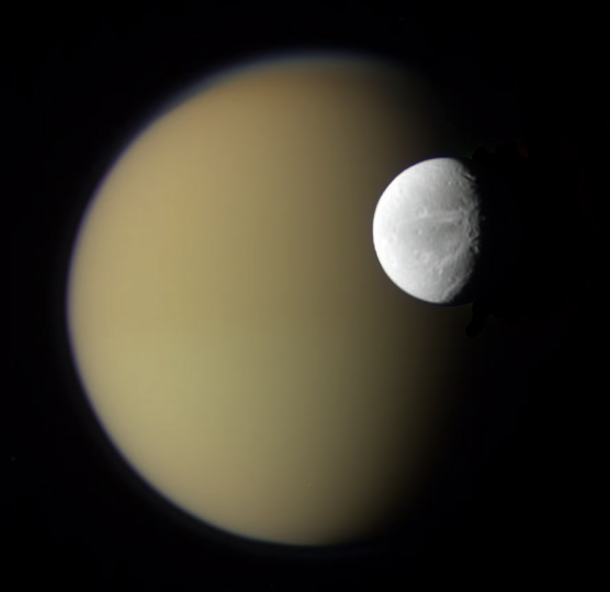 Saturns Moons Dione and Titan from Cassini 