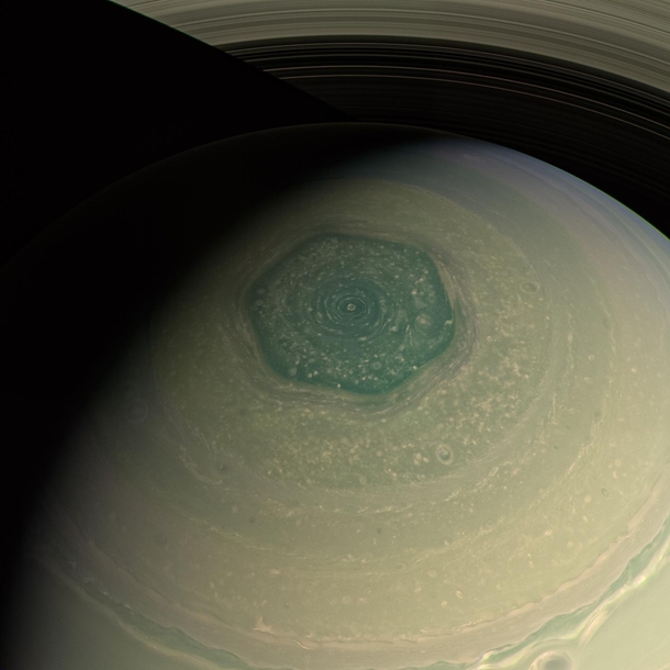 Saturns North Polar Hexagon in Enhanced Color as seen by Cassini in 