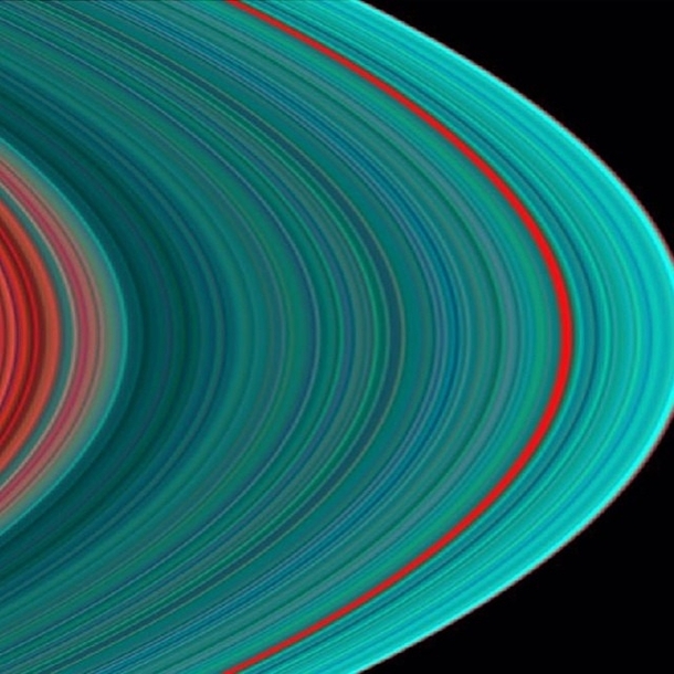 Saturns rings in ultraviolet The ring system begins from the inside out with the DCBA rings followed by the FGE rings The red in the image indicates sparser ringlets likely made of dirty amp possibly smaller particles than in the icier turquoise ringlets