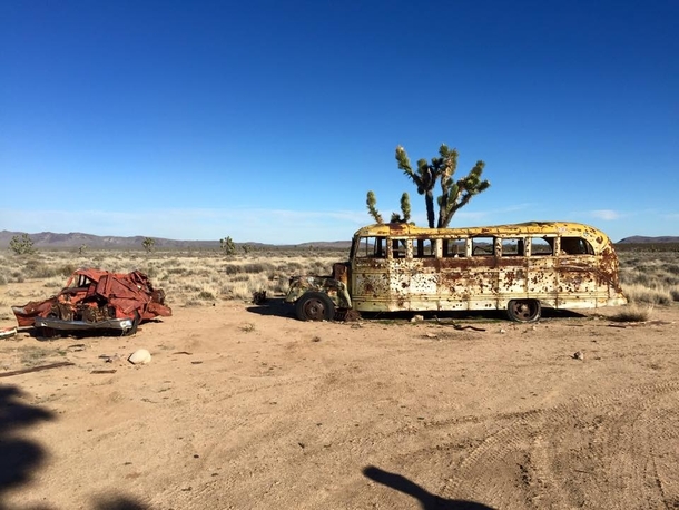 School bus turned shooting range Mojave National Preserve California 
