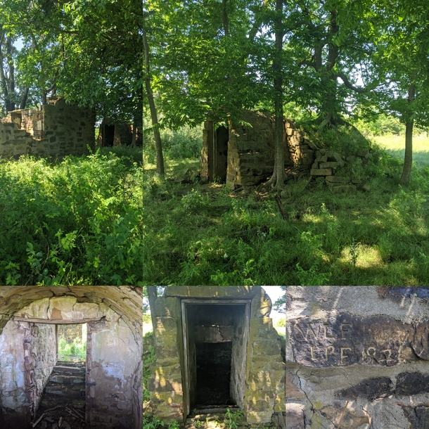 SE Kansas crumbling old homestead on my familys property Bottom photos are close ups on the storagestorm cellar Cellar is held together from the tree on top Also pictures initials and dates carved into the stone of the house