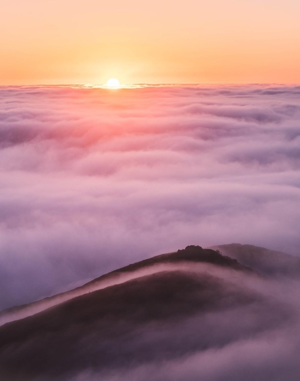 Sea of clouds set ablaze during sunset on the Marin Headlands San Francisco 