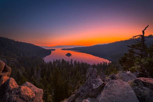 Seconds before sunrise over Emerald Bay in Lake Tahoe 