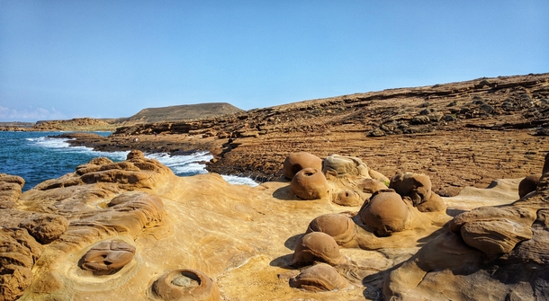 Sedimentary rock formations of Faraklo Beach Limnos Greece 