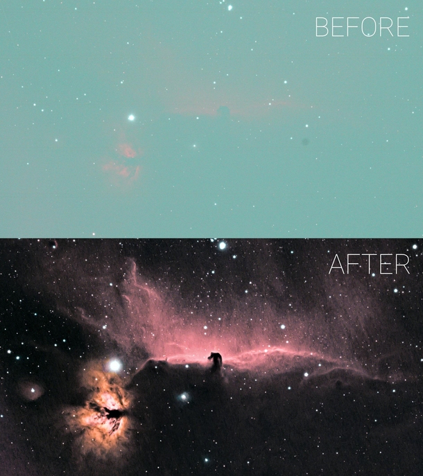 Single frame of the Horsehead nebula vs processed version This hobby is a lot of work but so rewarding