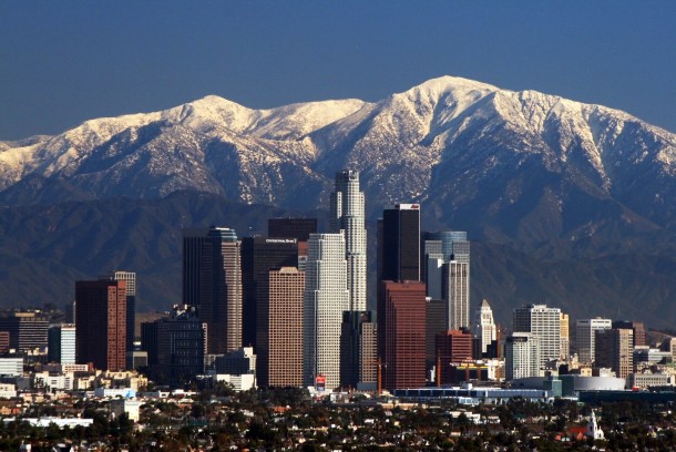 Skyline of Los Angeles with Gabriel Mountains 