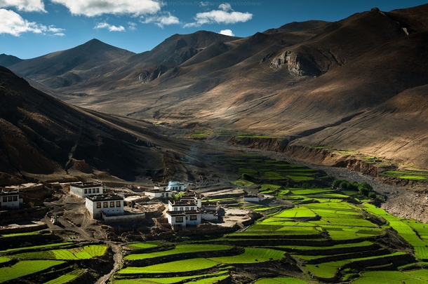 Small farming village cut into the Tibetan landscape 