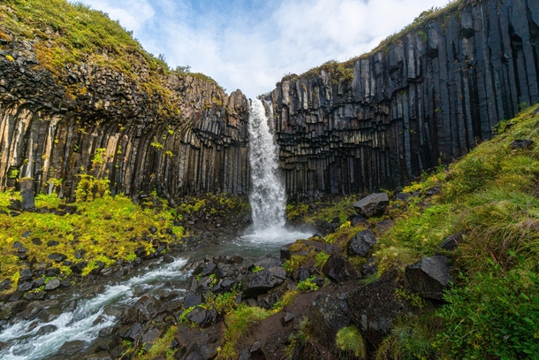 Small waterfall tucked away in a corner in Iceland Svartifoss 
