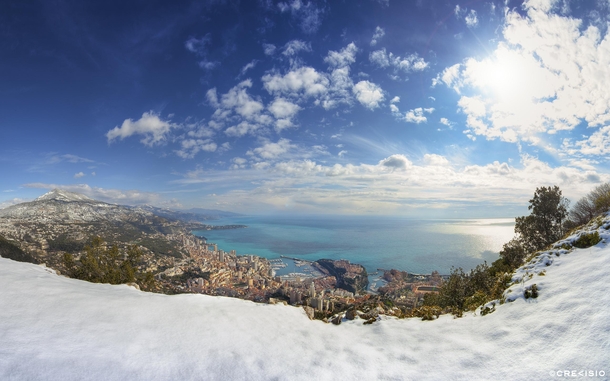 Snow above Monaco in the French Riviera 