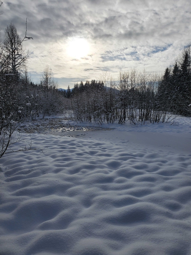 Snow covered pond on a frigid day in Juneau AK 