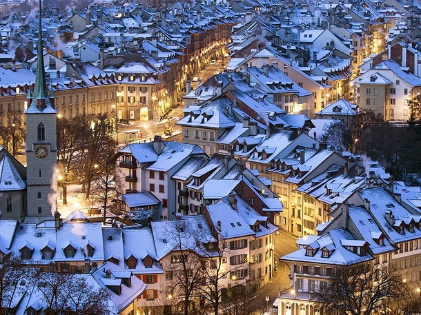 Snow-dusted rooftops in Bern Switzerland Peter Klaunzer 