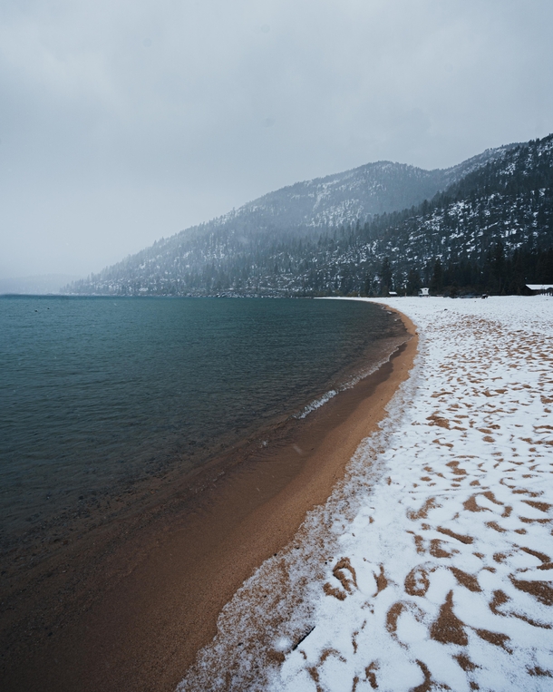 Snow on the beach at Lake Tahoe 