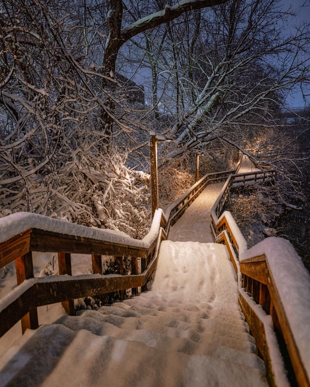 Snowy boardwalk in Cuyahoga Falls