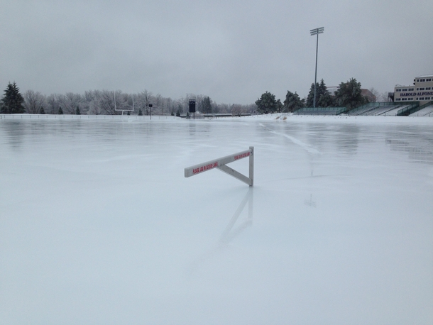 So this is what Colby Colleges outdoor track looks like right now after being covered in ice 