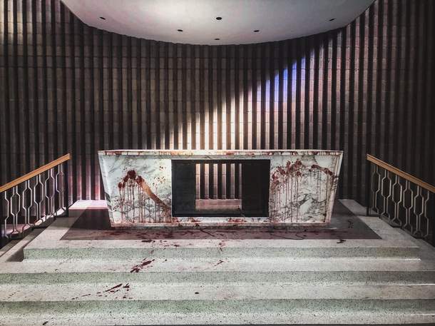 Some people vandalized the abandoned church I visited today and made seemed as though the shrine is covered in blood and I absolutely love it Qubec