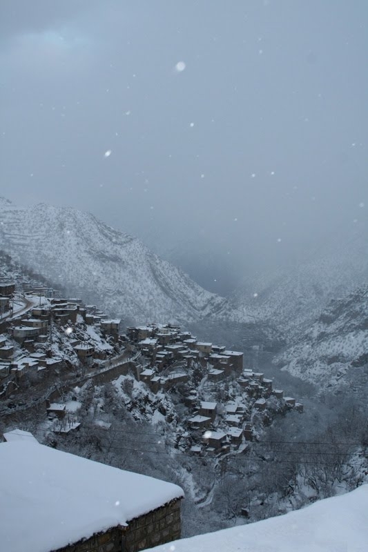 Some snowy Kurdish mountain village in Jwanro Kurdistan Hawraman Region Iran 