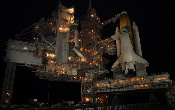 Space shuttle Endeavour is shown after rollback of the rotating service structure 