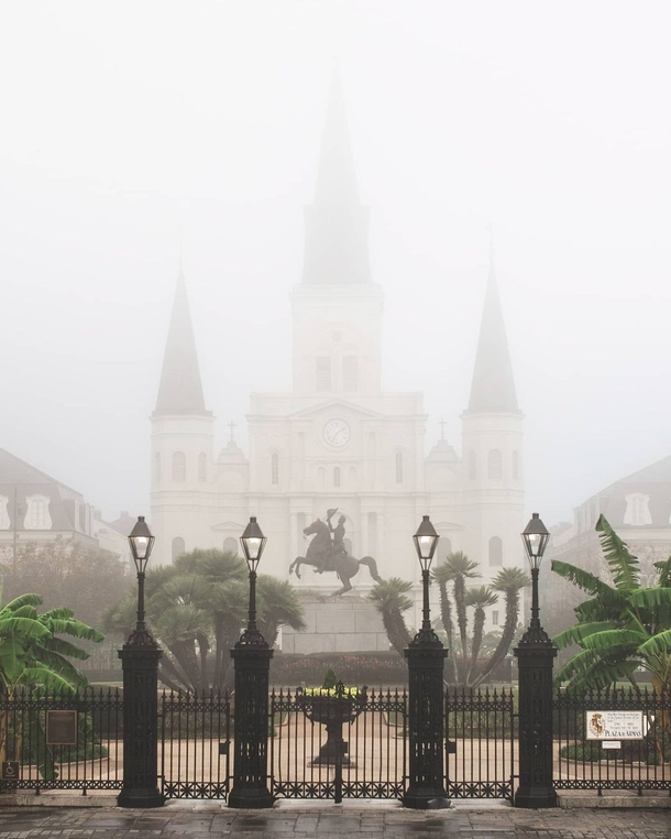 St Louis Cathedral shrouded in fog French Quarter of New Orleans Louisiana