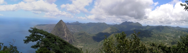 St Lucia On top of Gros Piton looking at Petit Piton Panorama 
