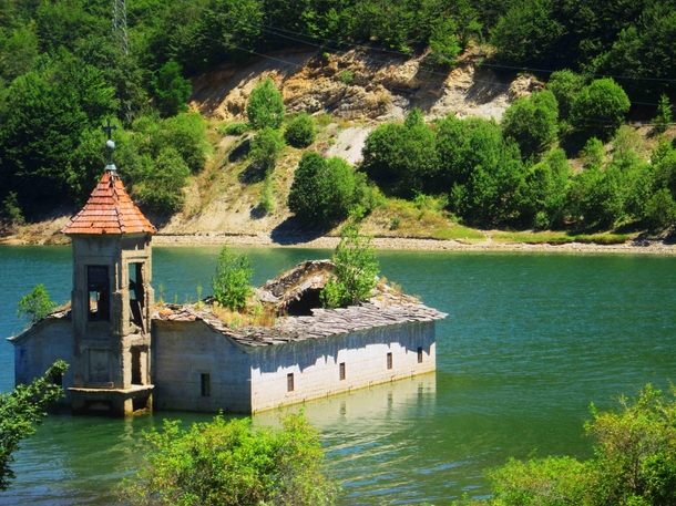 St Nicholas church Lake Mavrovo Macedonia The chruch flooded folloeing the contruction of a nearby dam You can enter it during the summer when the water levels are lower
