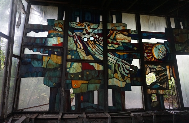 Stained glass at the Cafe Pripyat Chernobyl exclusion zone Ukraine  x