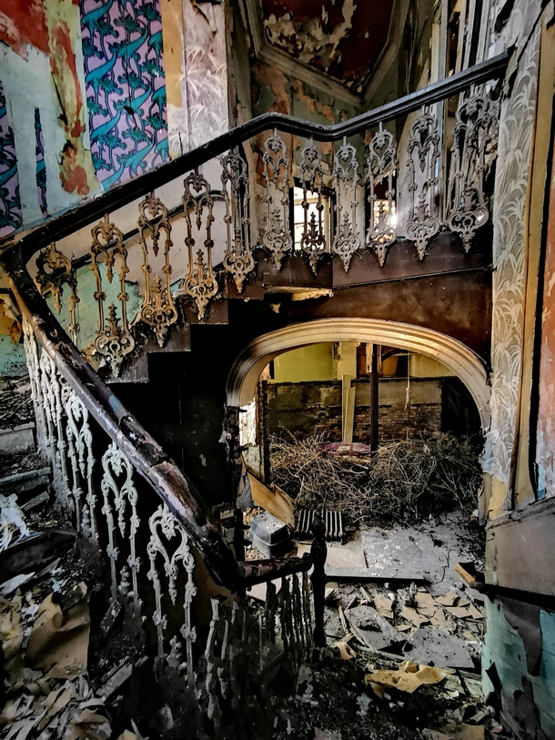 Staircase inside the long derelict Carnegie Library in Yorkshire England 