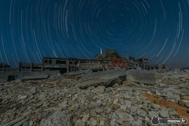 Star Trail on Gunkanjima the Abandoned Island in Japan 