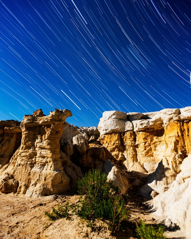 Stars over the moonlit Paint Mines east of Colorado Springs 
