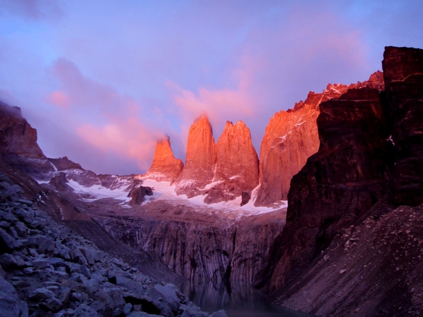 Sunrise hitting the famous Torres del Paine in Patagonia Not sure my little point amp shoot did this place justice 