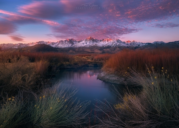 Sunrise just begins to light the peaks of the Eastern Sierra view from the Owens valley CA  Photo by Ted Gore