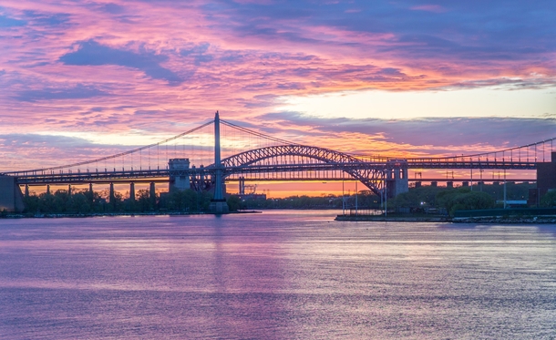 Sunrise Near Robert F Kennedy and Hell Gate Bridges in NYC 