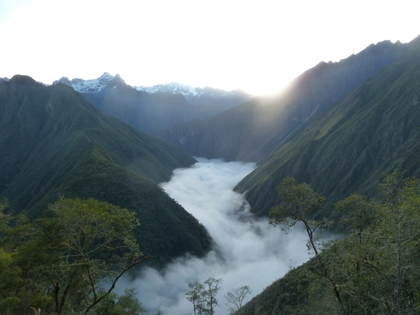 Sunrise over cloudy Urabamba river Peru Final day of Inca Trail near Machu Picchu Oct- 