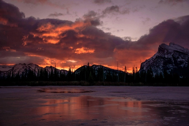 Sunrise over frozen Vermillion Lakes in Banff Canada 