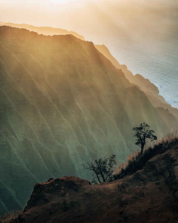 Sunset along the N Pali Coast from a hike down a hunting access route on one of the ridges Kauai HI  IG kylefredrickson