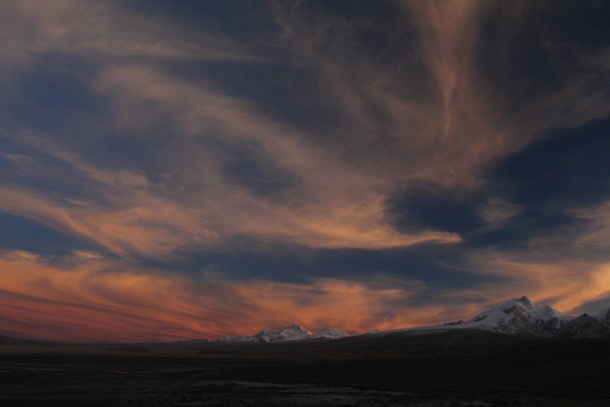Sunset and phoenix shaped clouds over the Himalayas Tibet