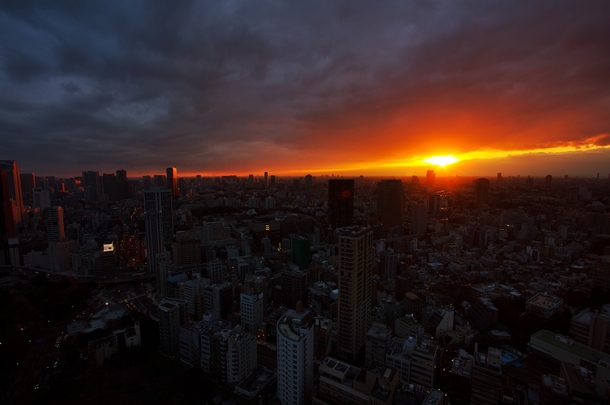 Sunset as seen from the Tokyo Tower in Tokyo Japan 