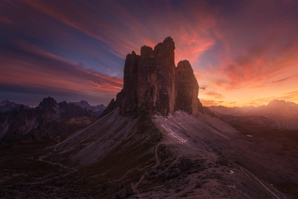 Sunset at an iconic location in the Dolomites of Tre Cime di Lavaredo Province of Belluno Italy by Albert Dros 